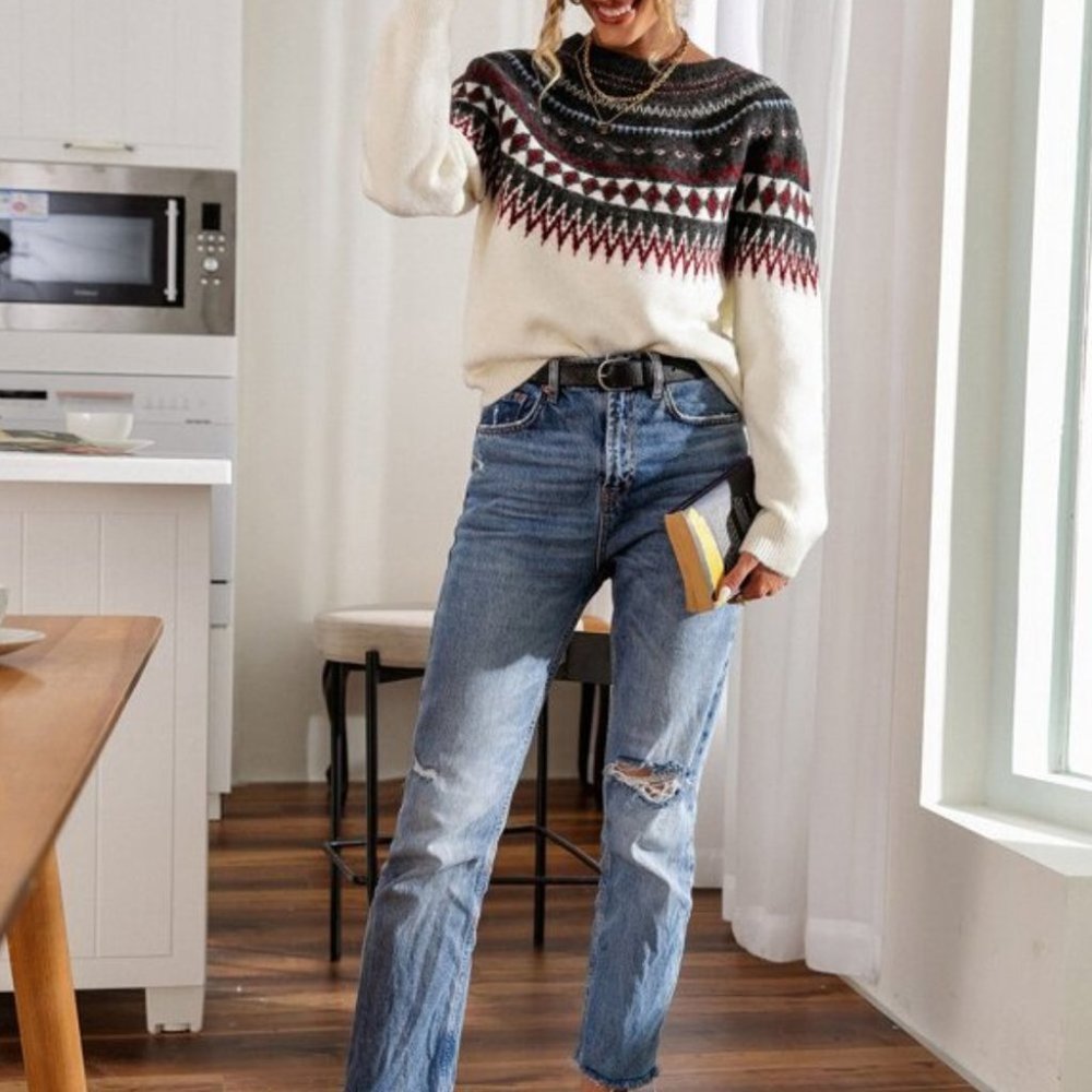 Multi color Fair Isle Argyle Pattern Knit Sweater - Picture 5 of 8